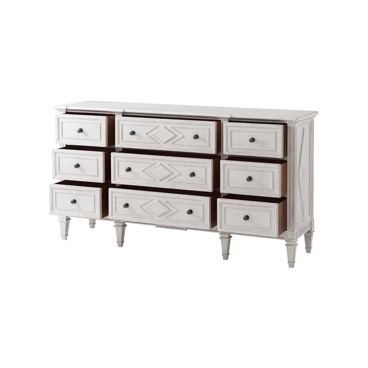 Open drawers of French painted antique style dresser.