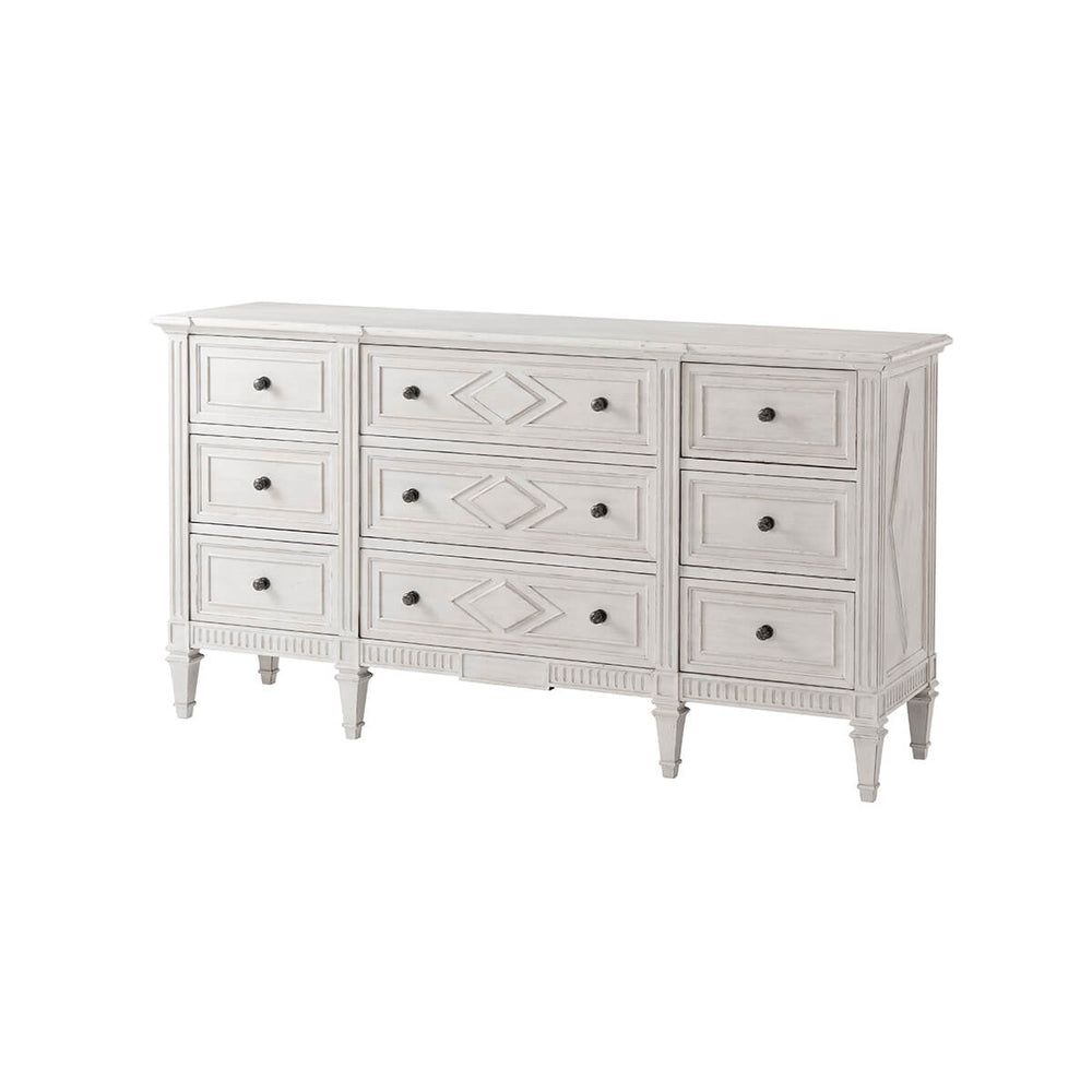 Front view of French painted antique style dresser.