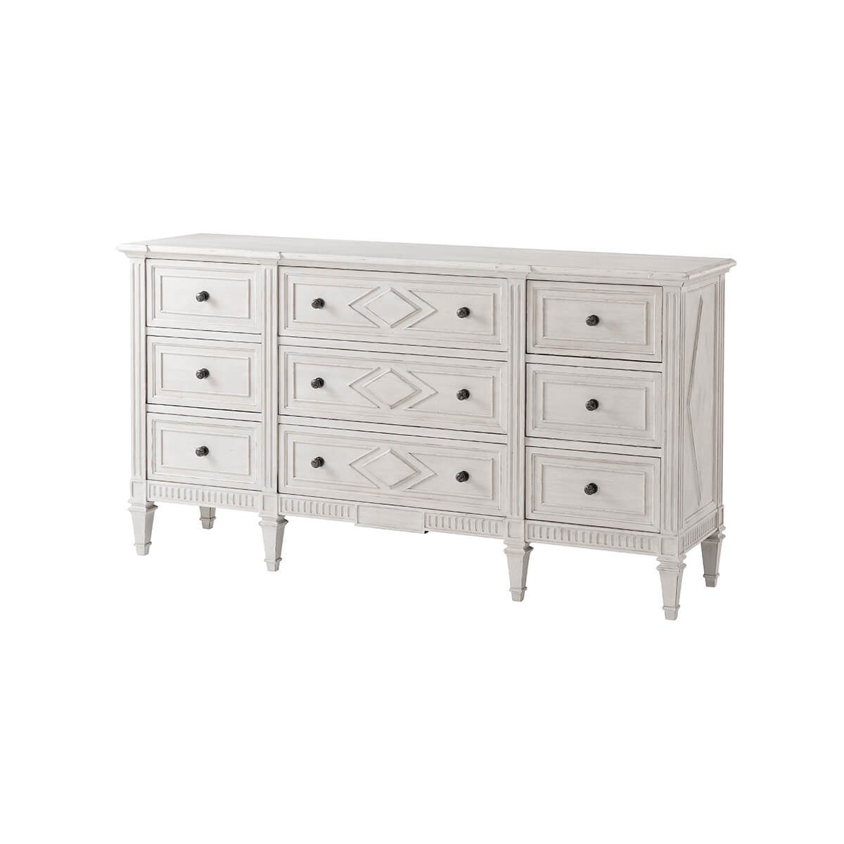 Front view of French painted antique style dresser.