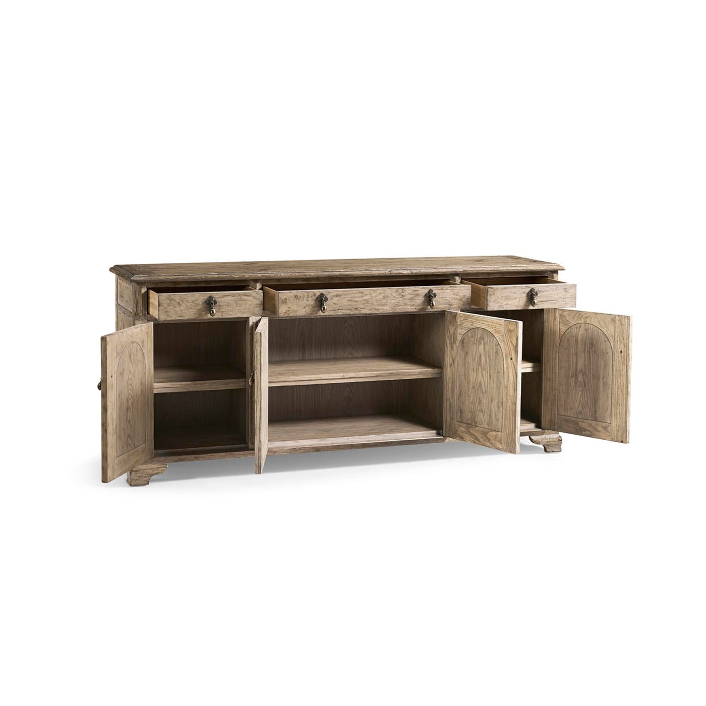 Open sideboard showing interior compartments and drawers.