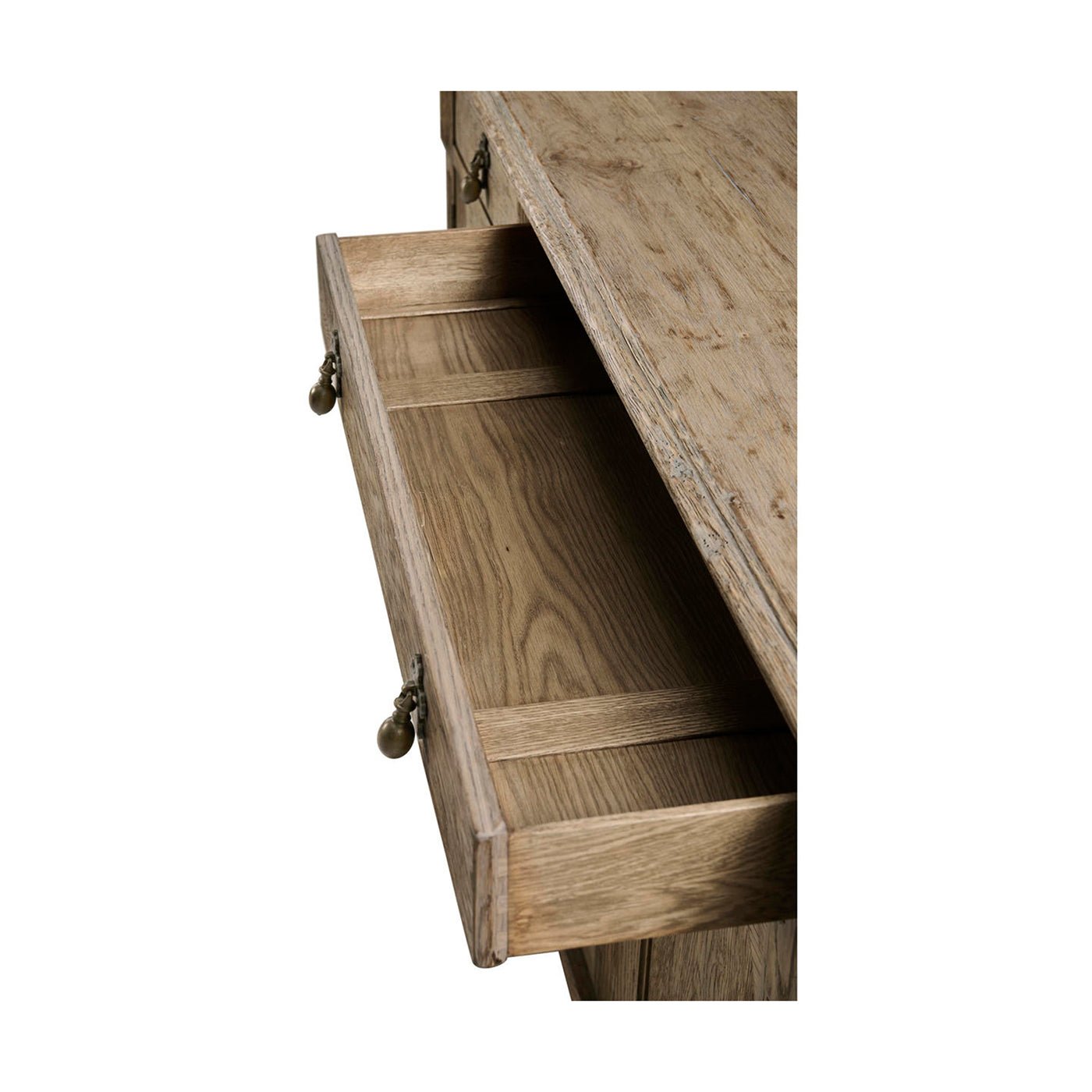 Open drawer showcasing sideboard's interior woodwork.