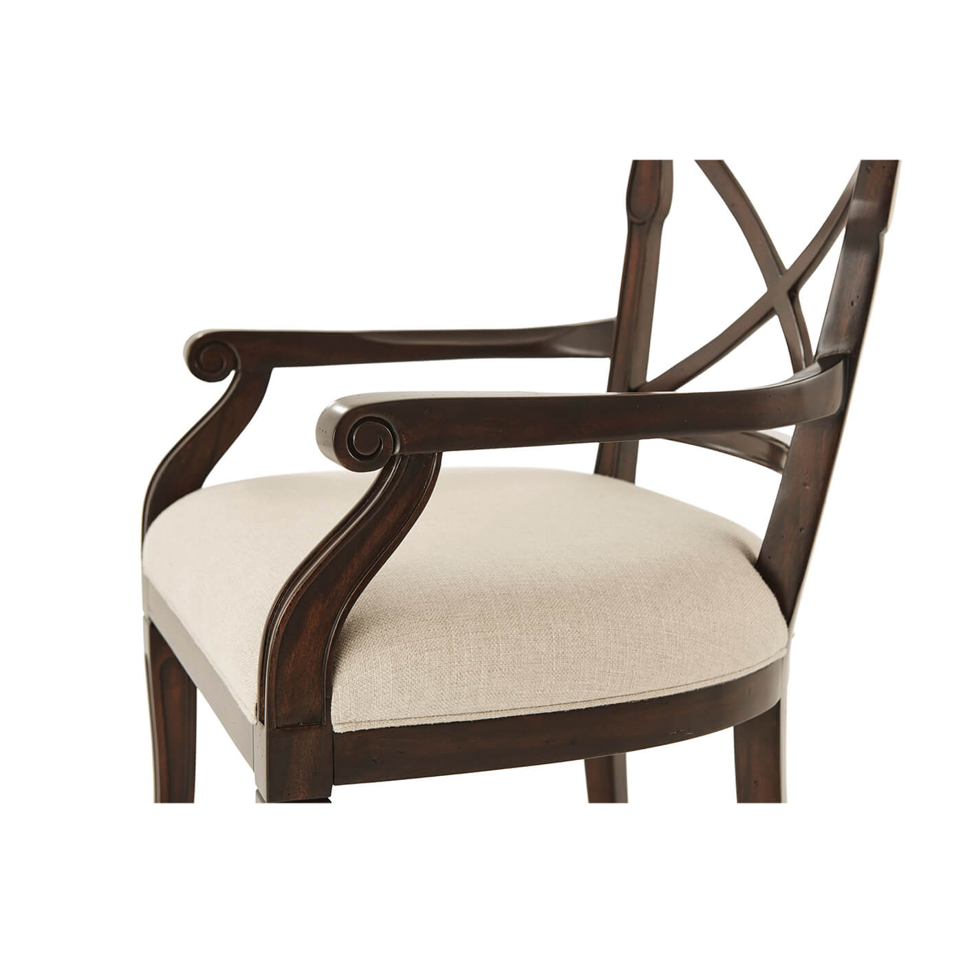 French Provincial armchair armrest and cushion, detailed woodwork.