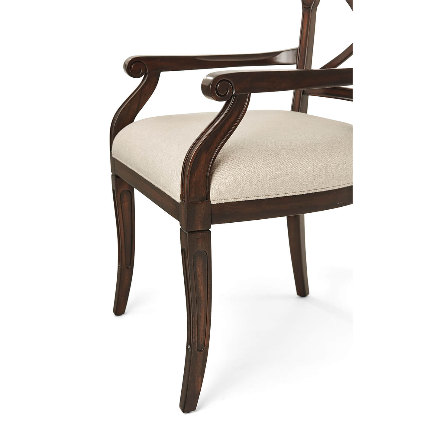 Close-up on French Provincial armchair legs, curved arm design.