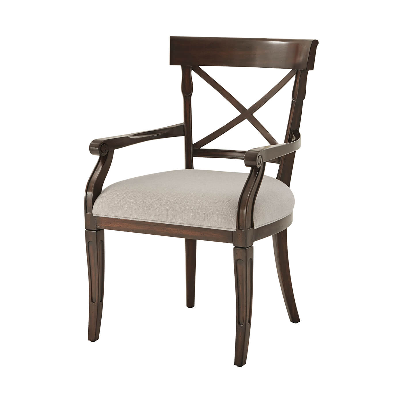 Dark wood French Provincial armchair, front view, white cushion.