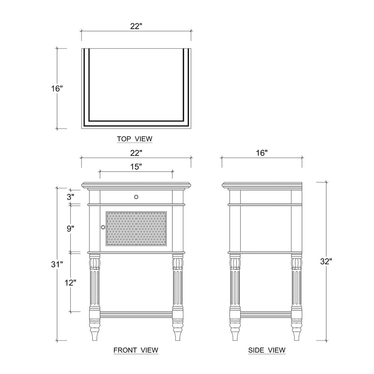 Blue end table detailed dimensions illustration.