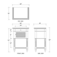 Blue end table detailed dimensions illustration.