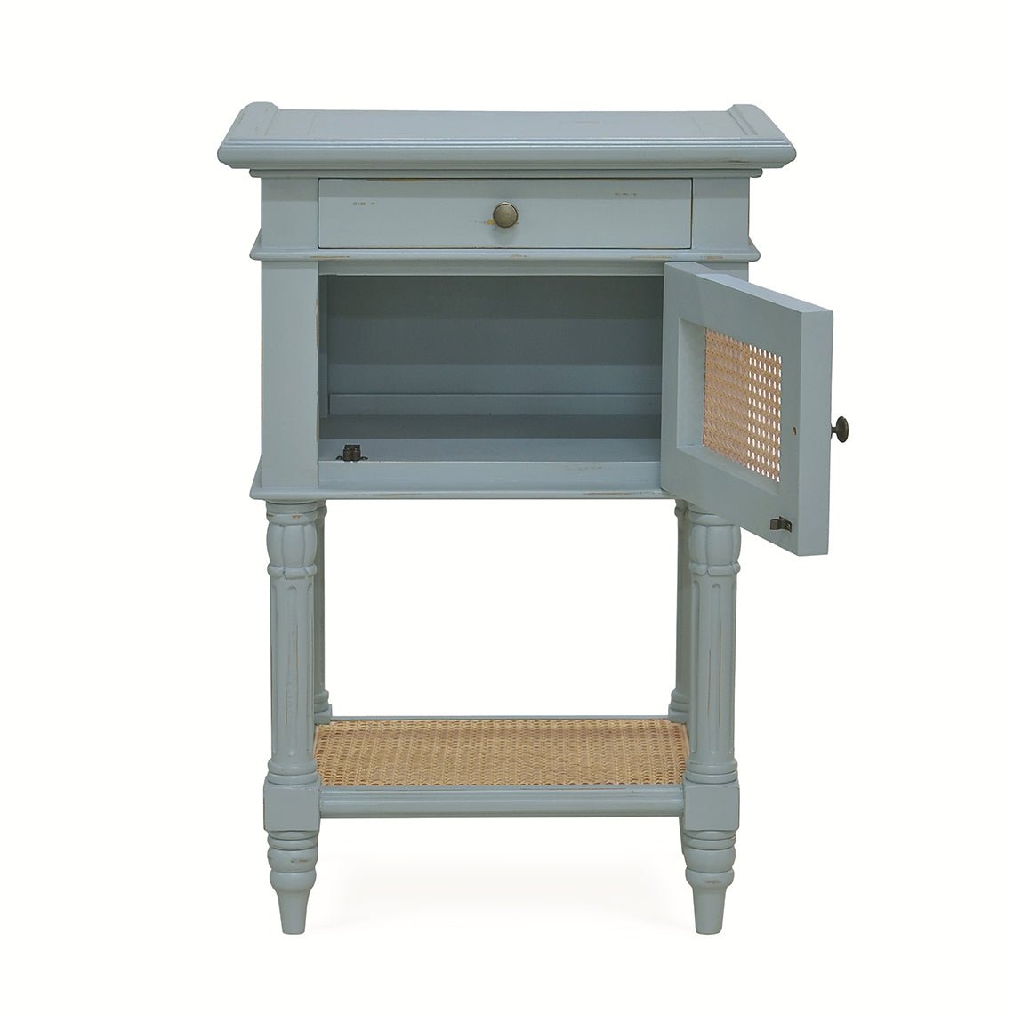 Blue end table with open cabinet door.