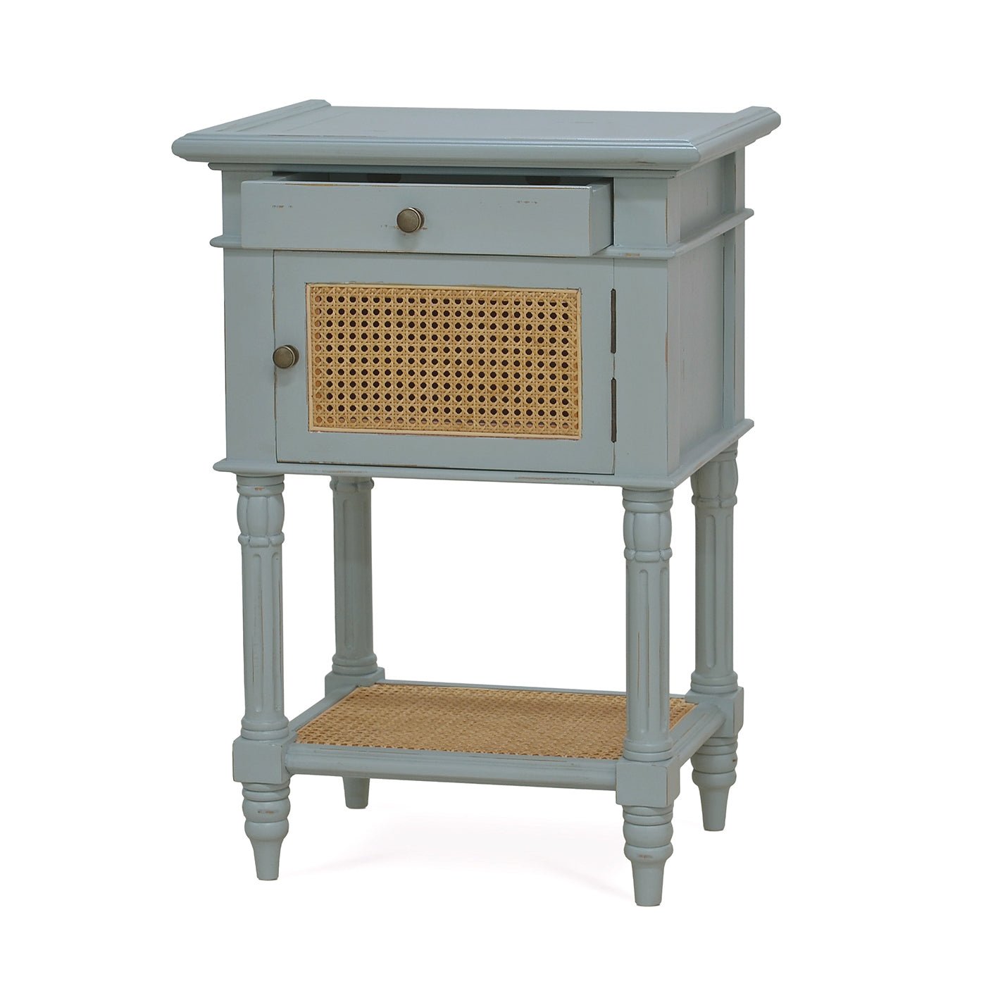 Blue end table with open drawer.