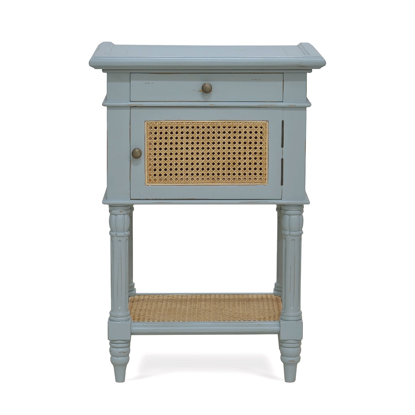 Front view of blue end table with cane door.