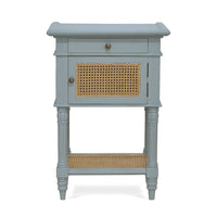 Front view of blue end table with cane door.