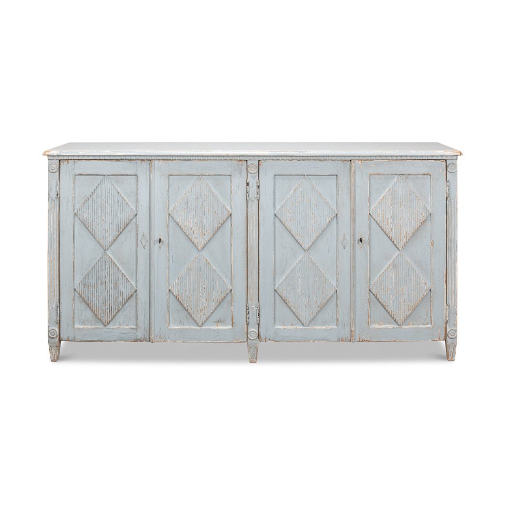 Front view of blue sideboard with four doors.