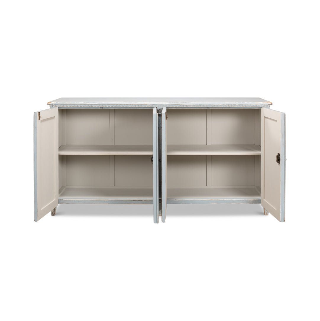 Open blue sideboard showing interior shelves.