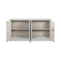 Open blue sideboard showing interior shelves.