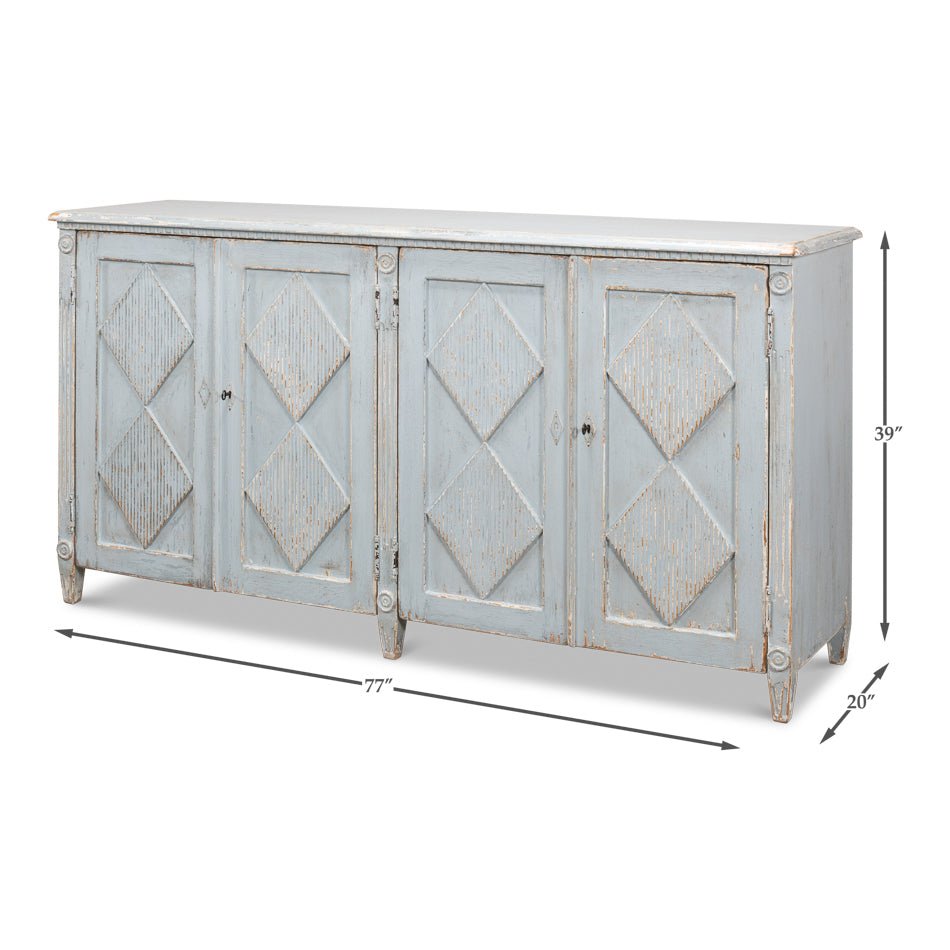 Dimensions of blue painted sideboard with four doors.