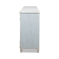 Side view of blue painted sideboard.