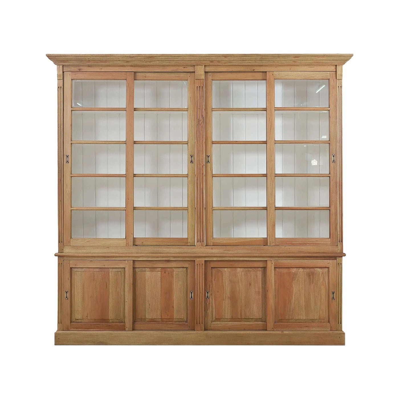 French Provincial bookcase front view with sliding doors.