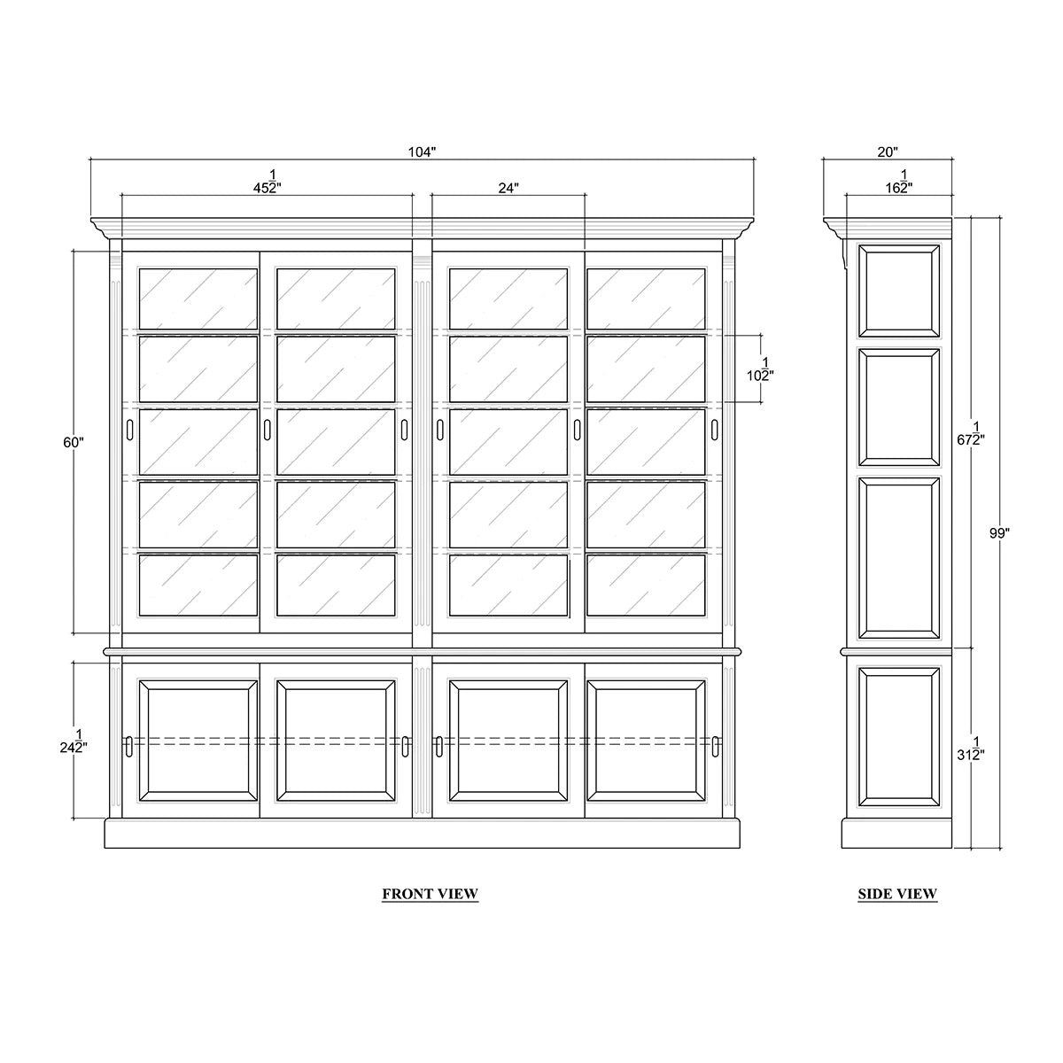 French Provincial bookcase detailed diagram with dimensions.