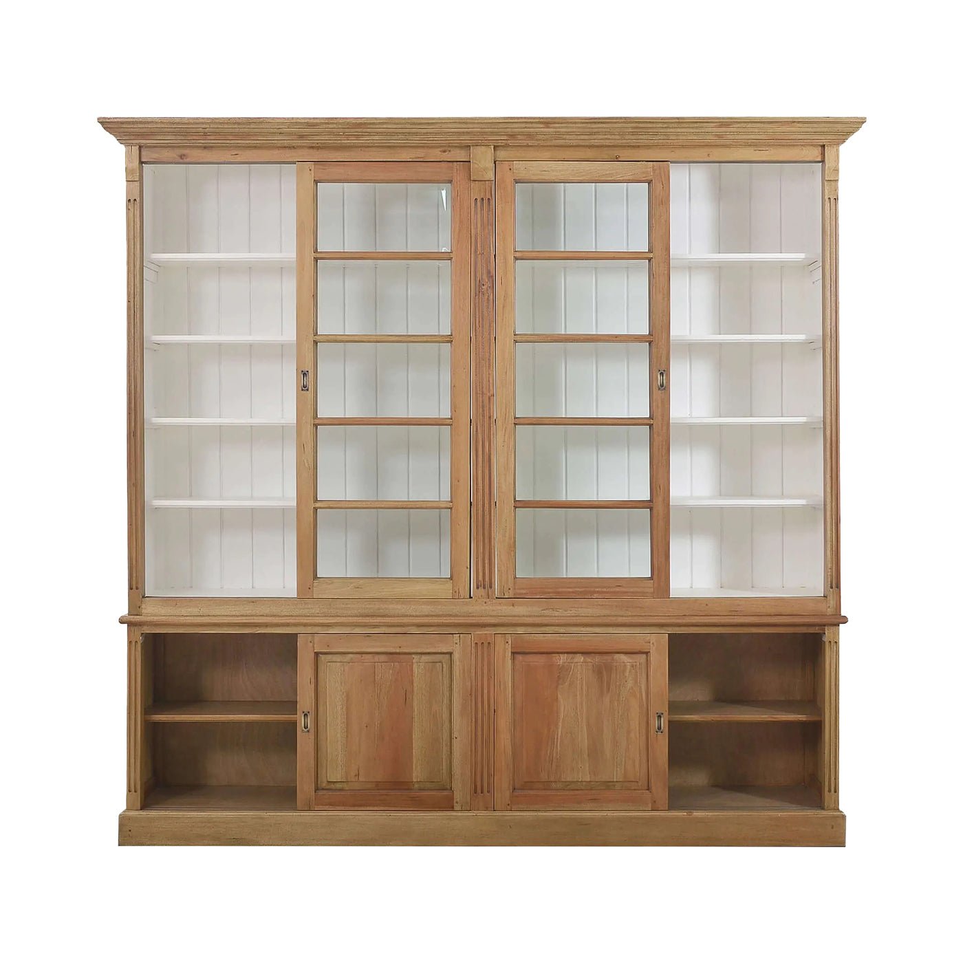 French Provincial bookcase open sliding doors showing shelves.