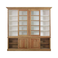 French Provincial bookcase open sliding doors showing shelves.