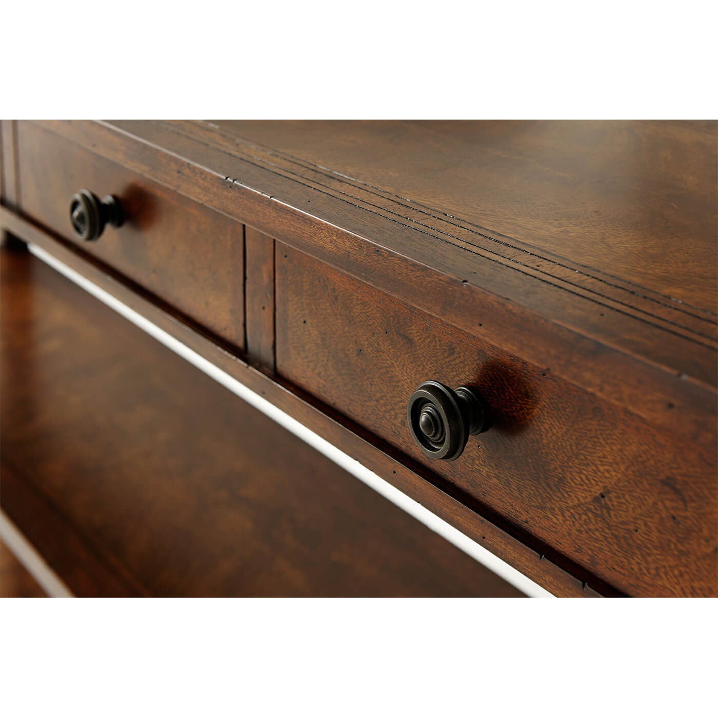 Close-up of console table drawer handles.