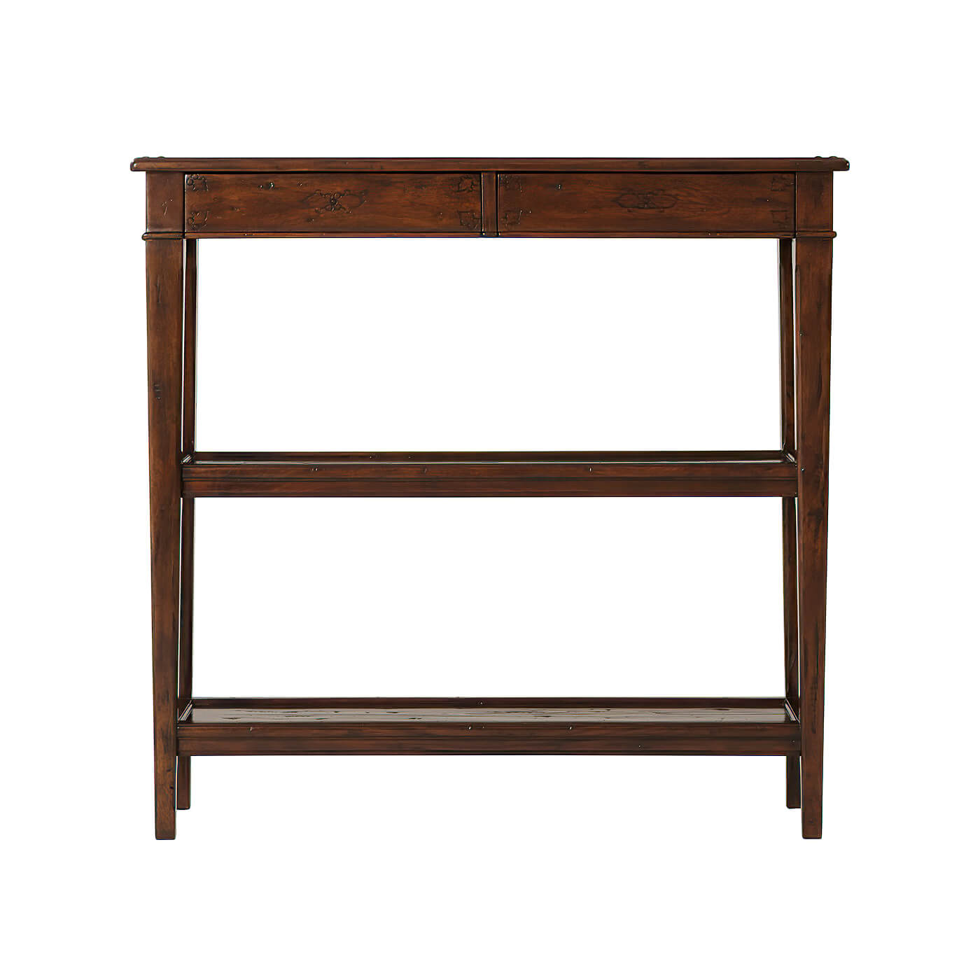 Front view of console table, rich brown finish, dual shelves.