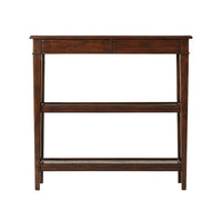 Front view of console table, rich brown finish, dual shelves.