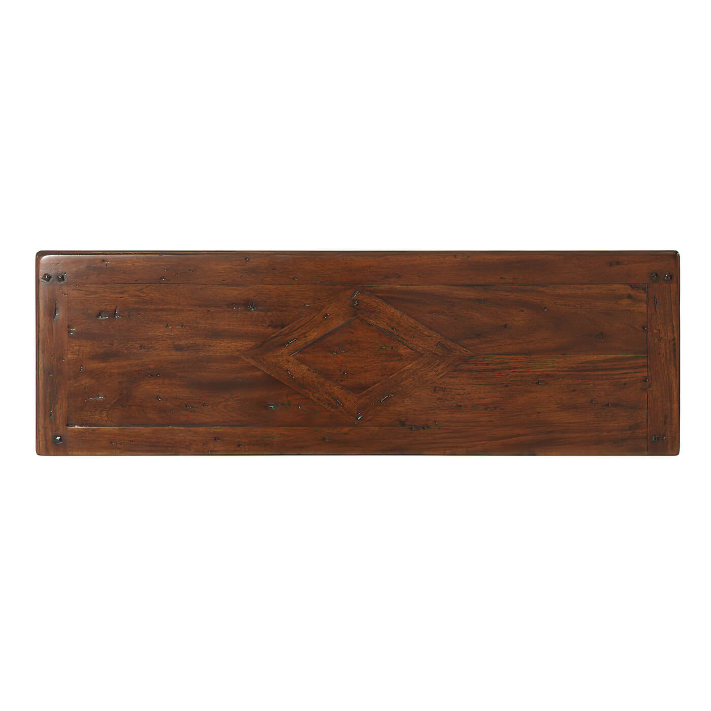 Top view of console table, geometric wood pattern detail.