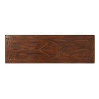 Top view of console table, geometric wood pattern detail.