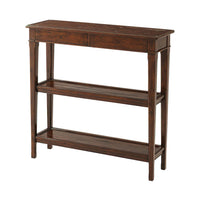 Dark wood console table, angled view, two shelves visible.