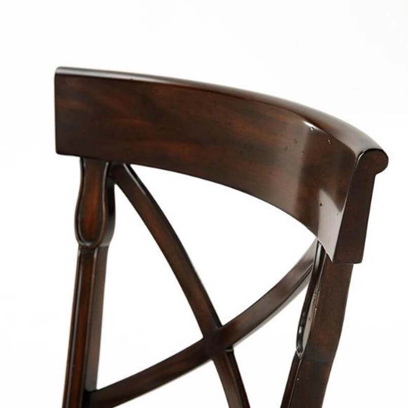 Close-up of French Provincial chair backrest x-design detail.