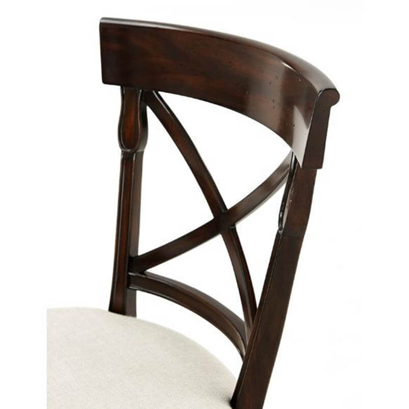 Detailed view of French Provincial chair backrest and cushion.