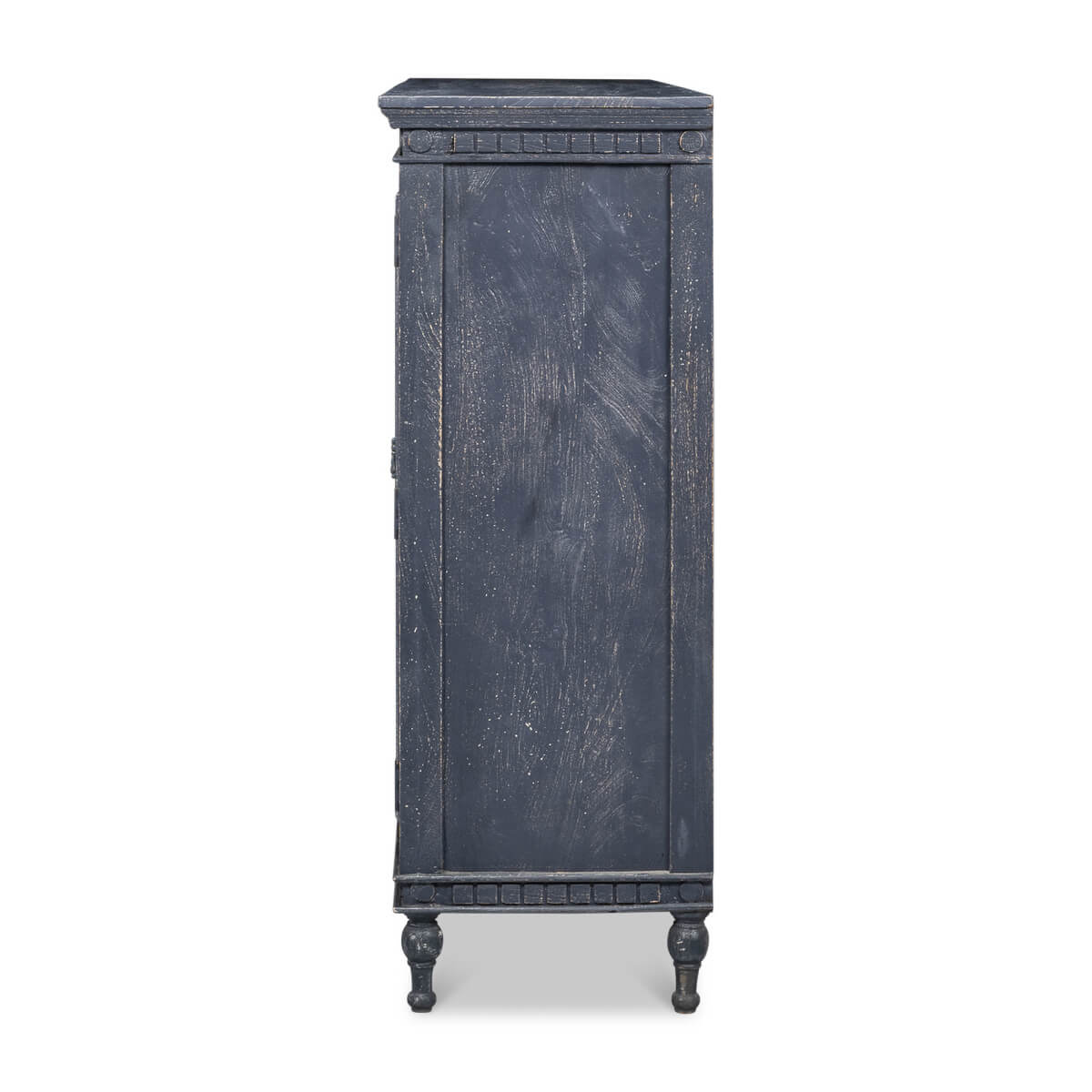 Side profile of dark blue credenza.
