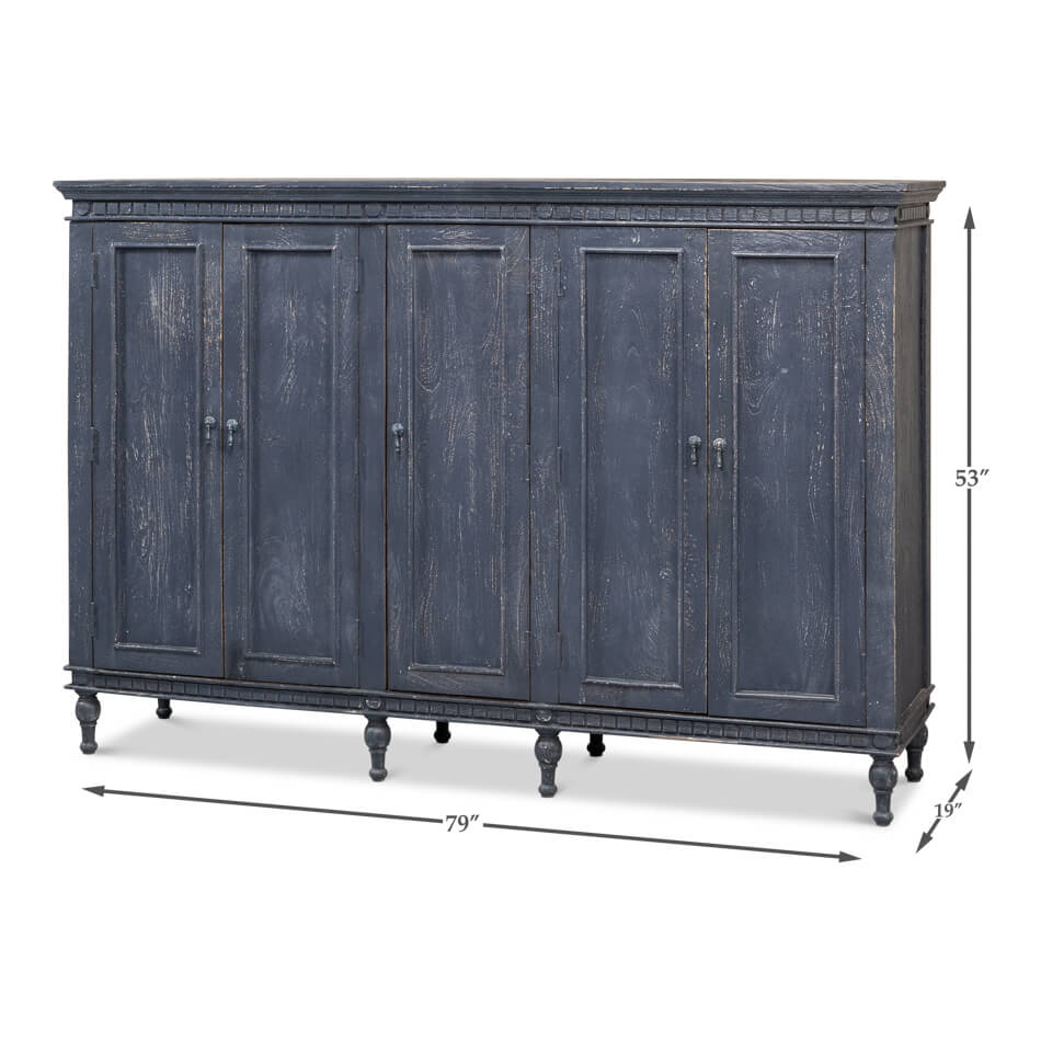 Dimensions illustration of large chateau style credenza.