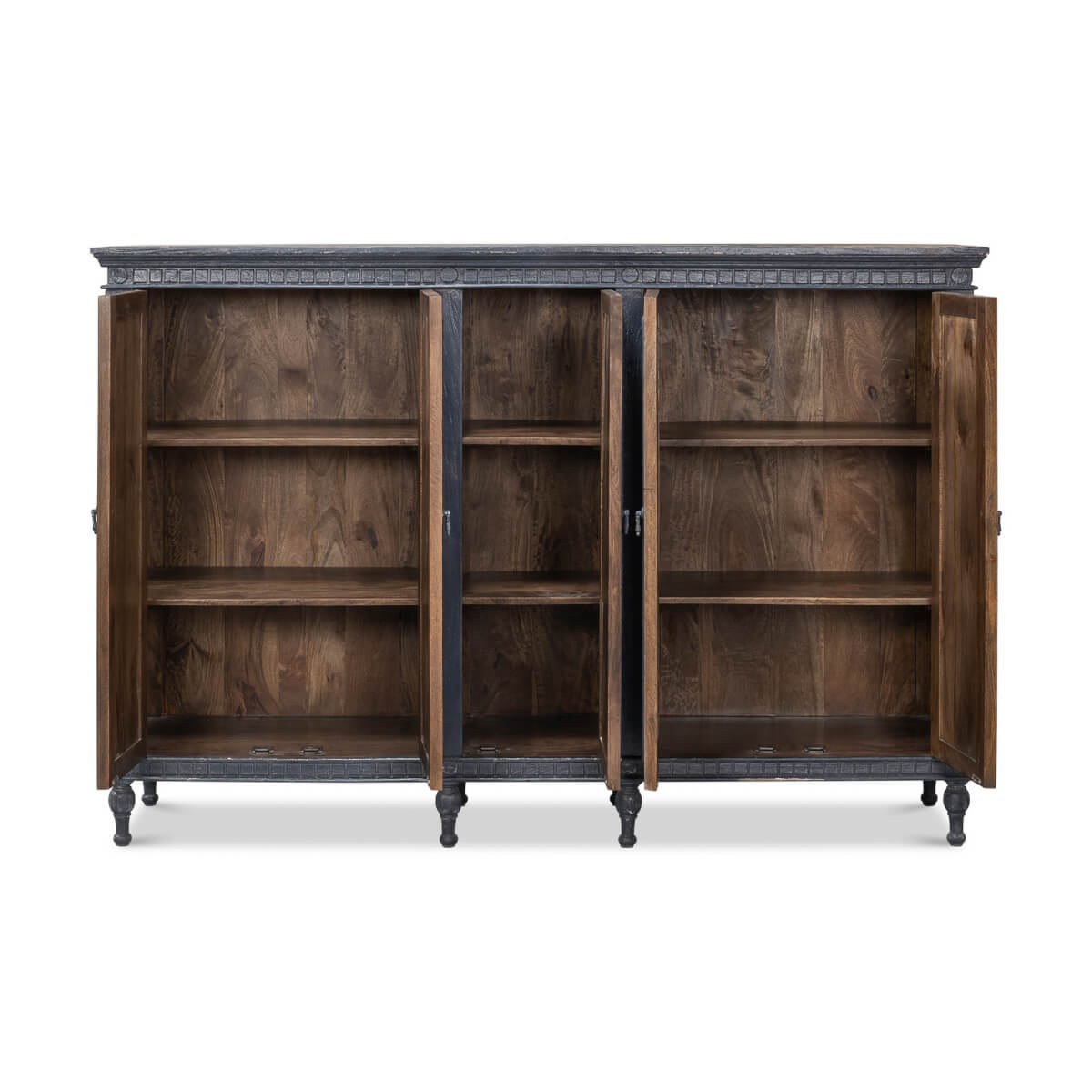 Open doors showing interior shelves of credenza.
