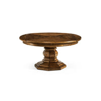 Round dining table closed, showing elegant pedestal design.