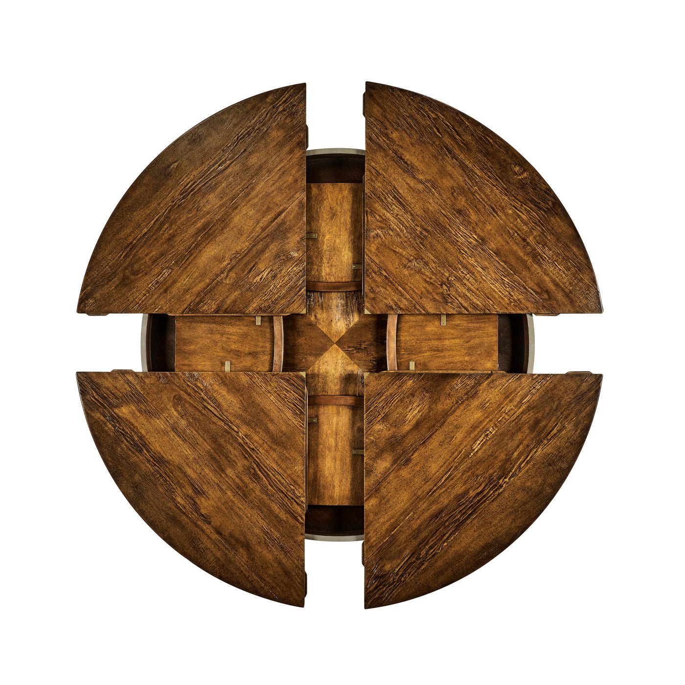 Fully extended round dining table from above.