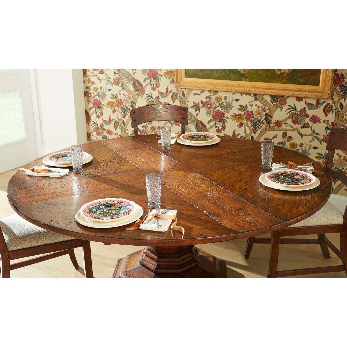 Dining room set up with round dining table.
