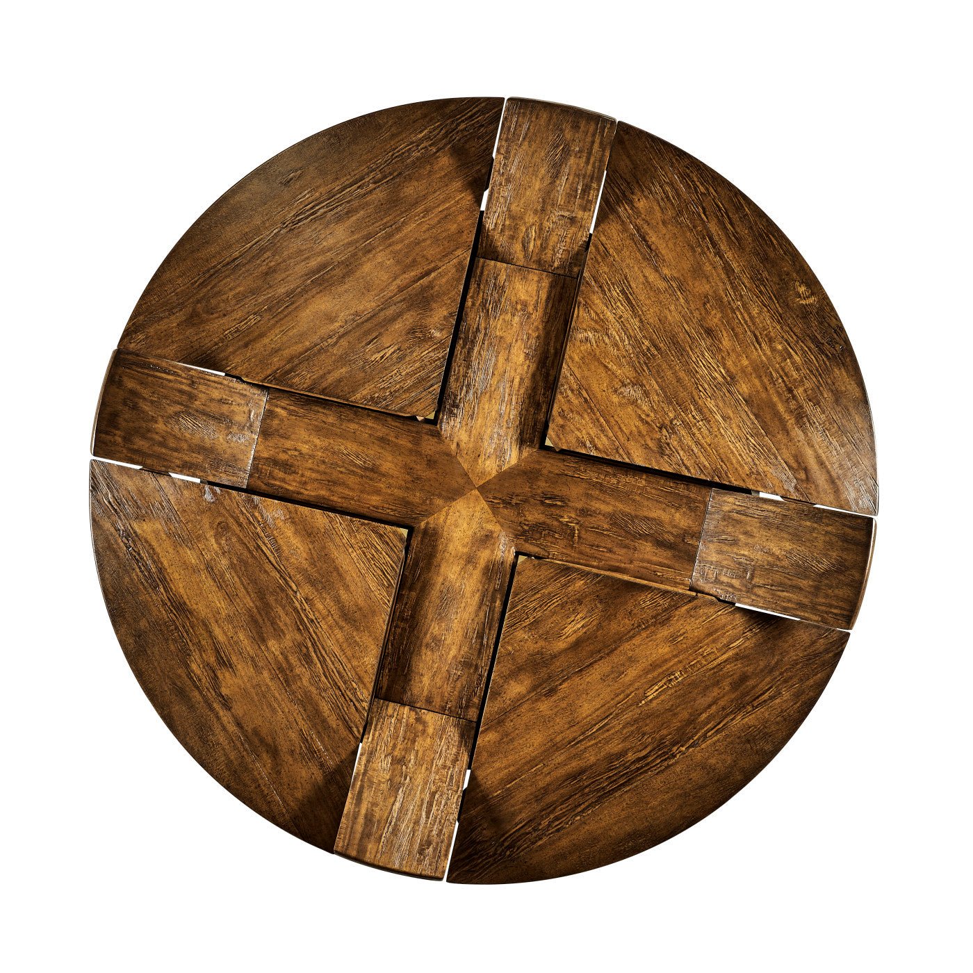 Extended top view of round dining table leaves.