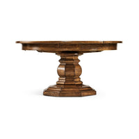 Side view of wooden round dining table base.