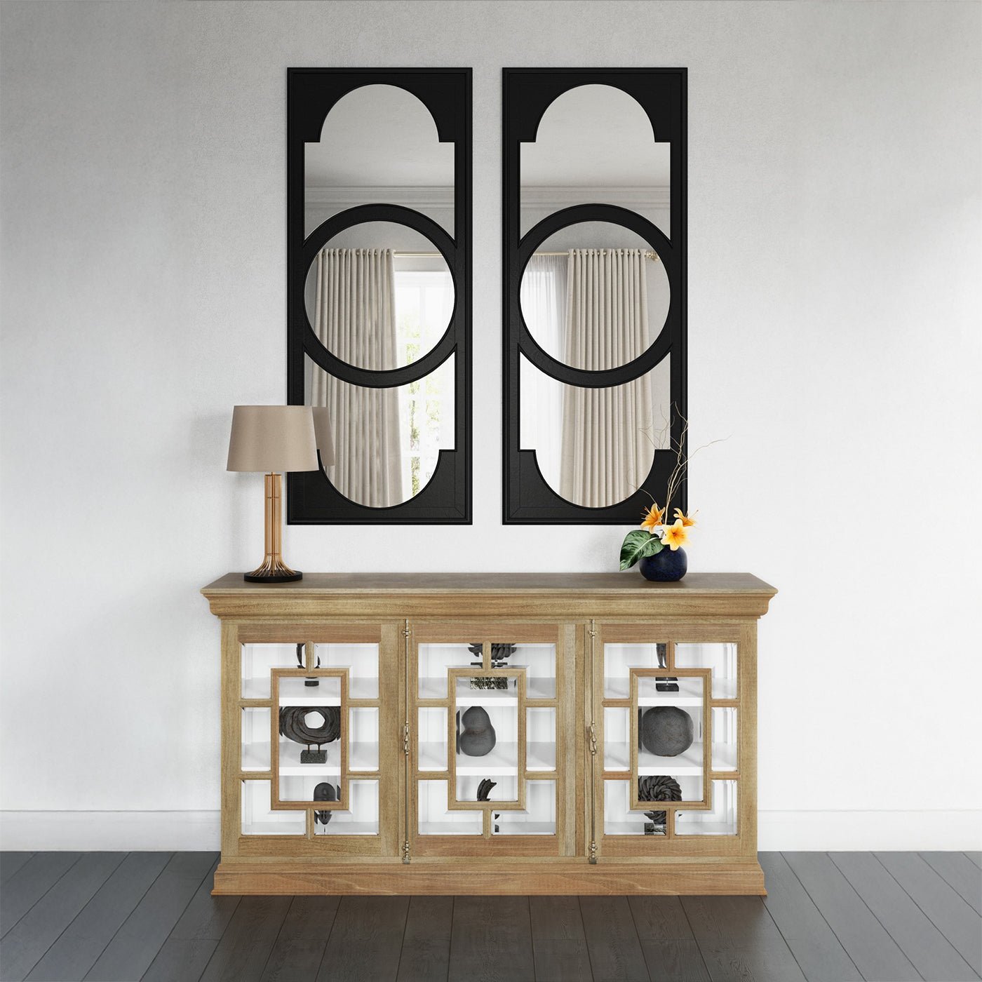 Decorated credenza in a living room setting.