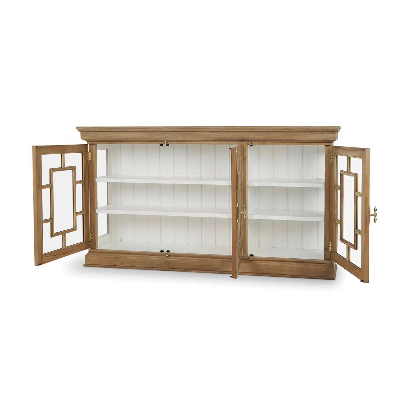 Credenza with open doors showing interior shelves.