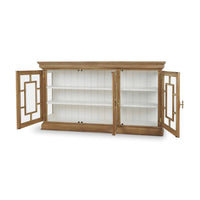 Credenza with open doors showing interior shelves.