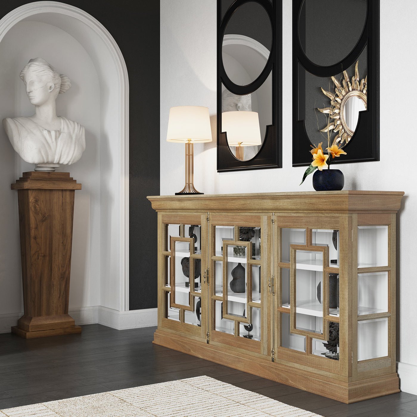 Side view of credenza with decorative elements.