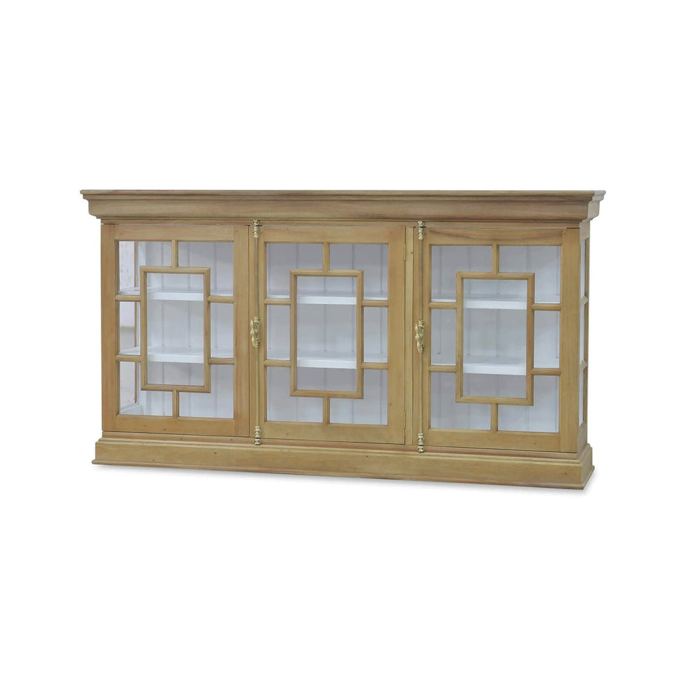 Oak credenza with glass doors, front view image.