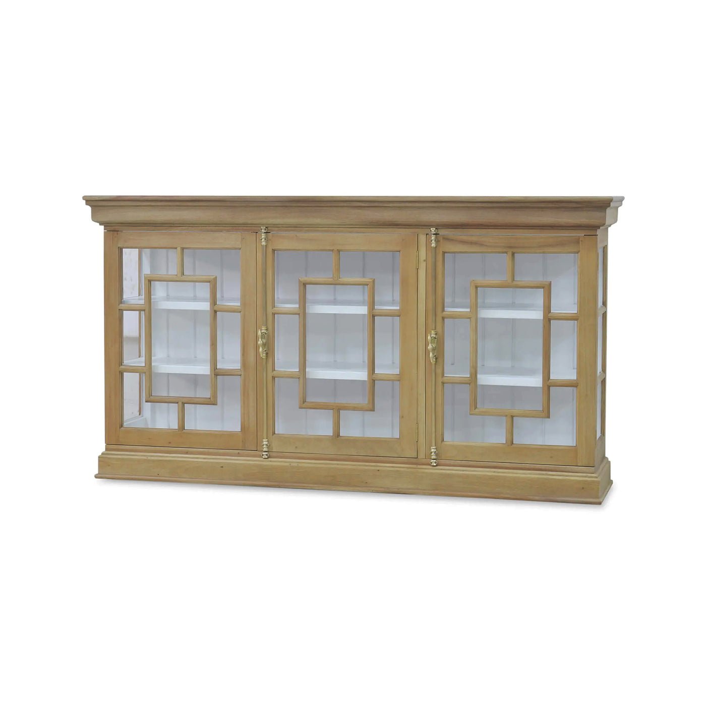 Oak credenza with glass doors, front view image.