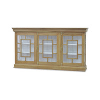 Oak credenza with glass doors, front view image.