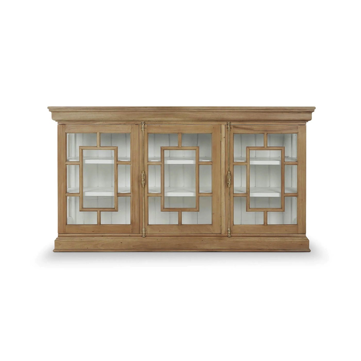 Front view of the oak and glass credenza.