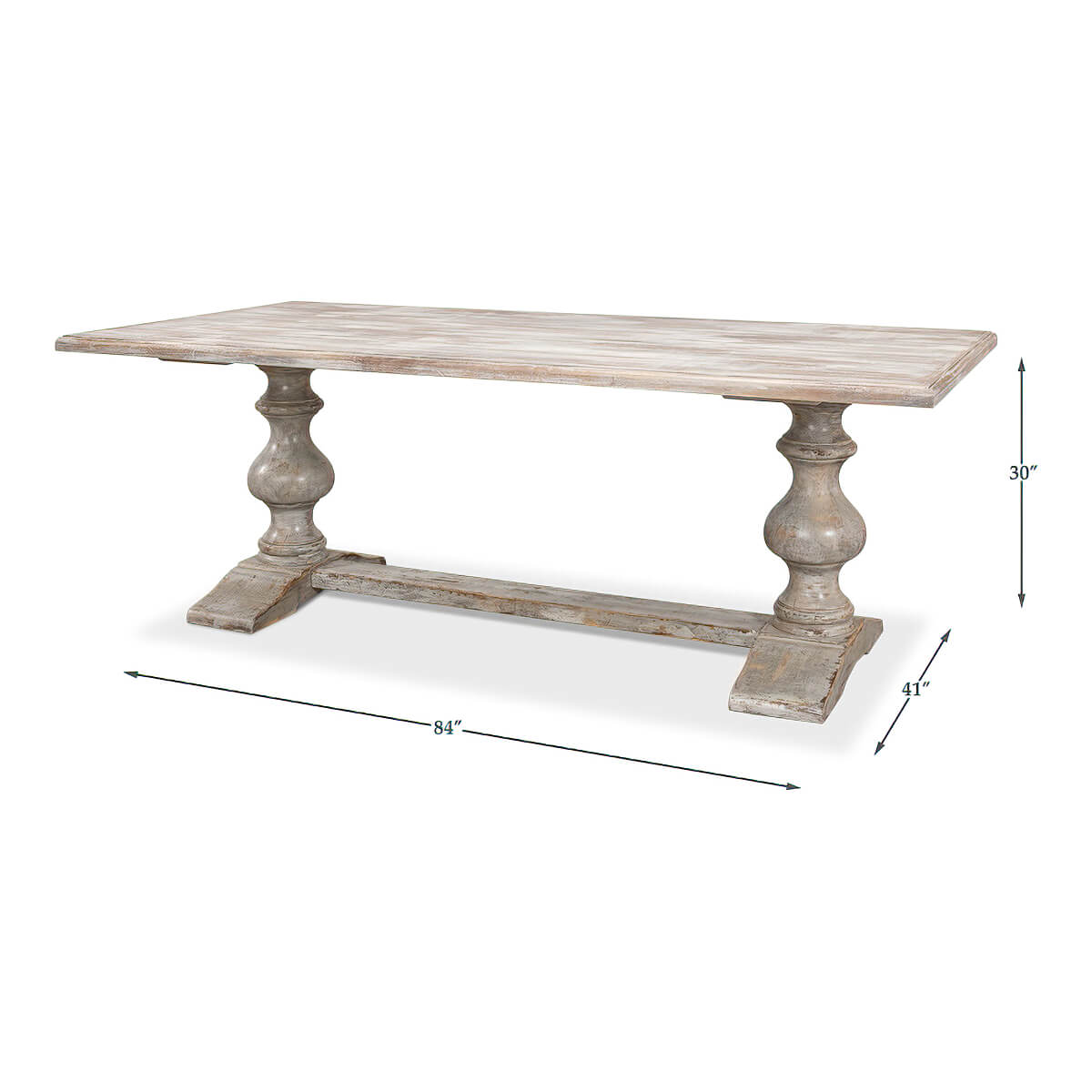 Dimensions of French Provincial grey dining table displayed.