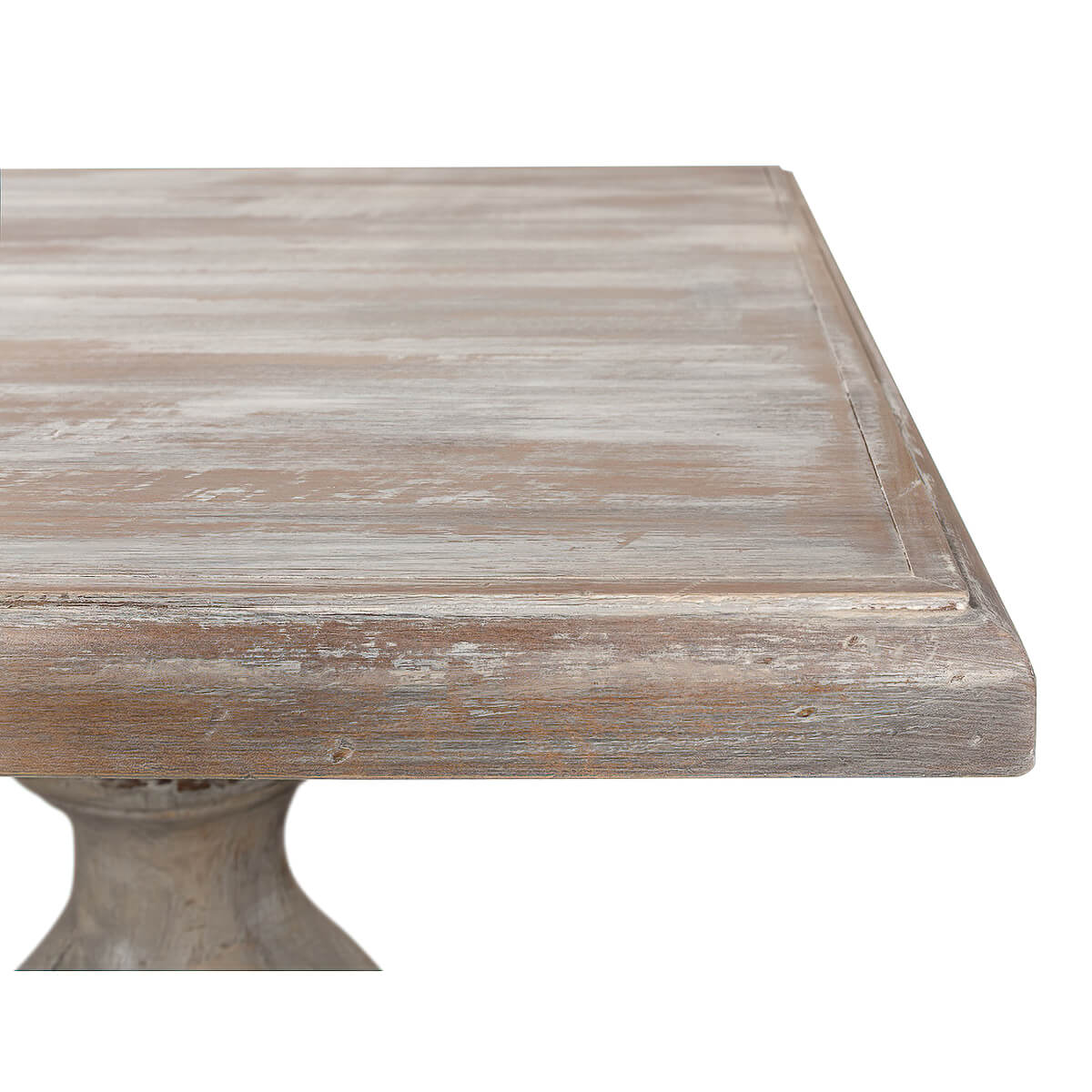 Close detail of the table's wooden edge design.