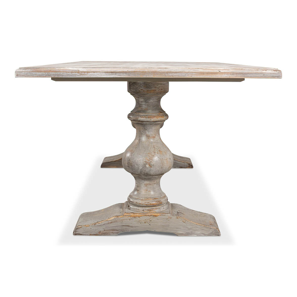 End view showcasing central pedestal support of table.